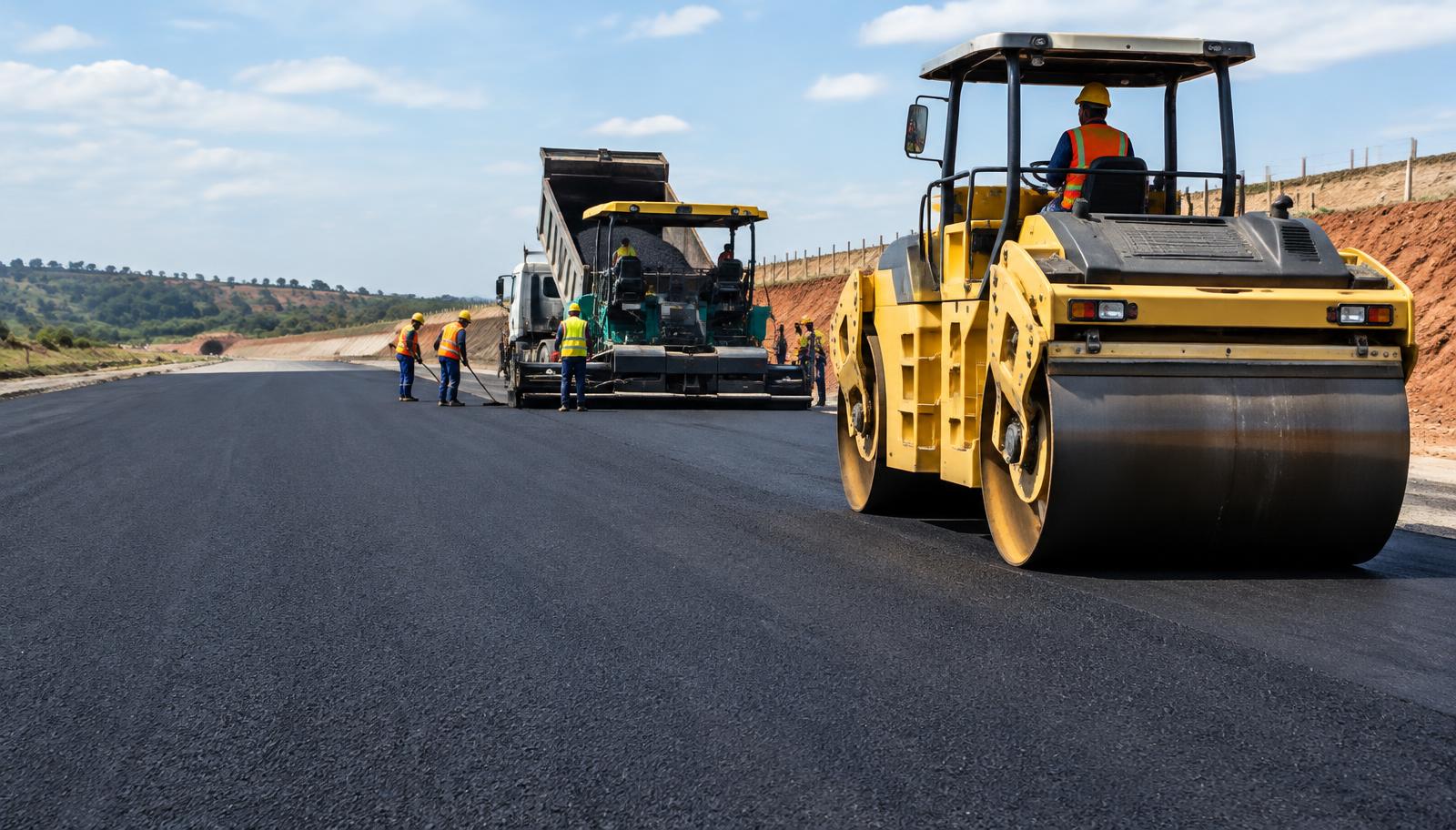 Rolo compactador e equipe em uma obra de pavimentação asfáltica